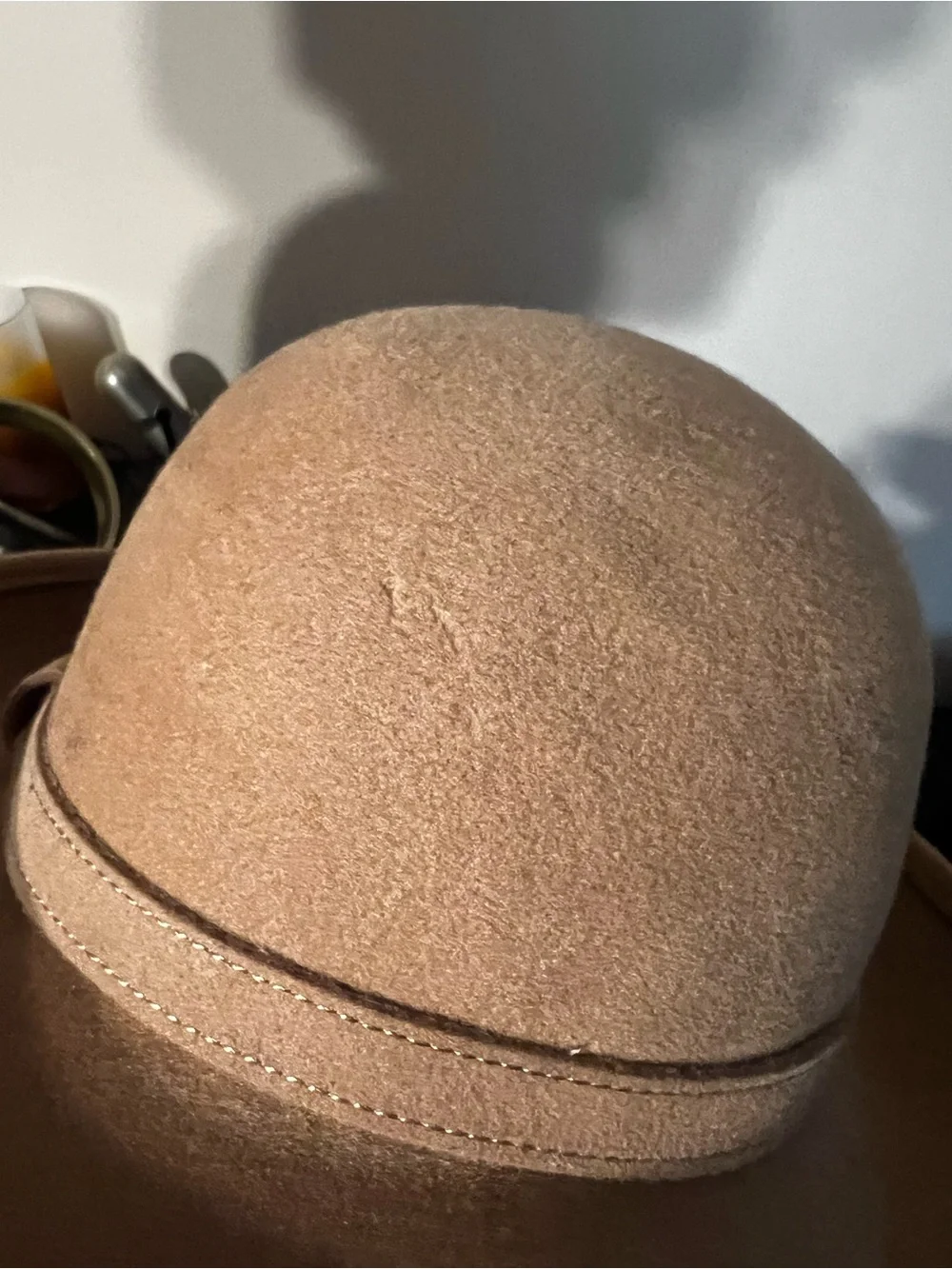 Adolfo Beige Felt Bowler Hat with Attached Scarf